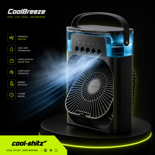 Black portable air cooler with blue light on a dark background, featuring CoolBreeze and cool-shitz branding.