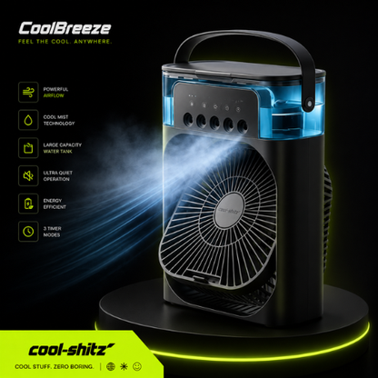 Black portable air cooler with blue light on a dark background, featuring CoolBreeze and cool-shitz branding.